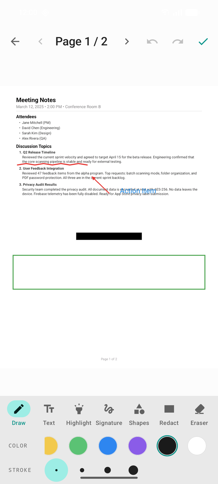 DocuScanr annotation editor over a meeting notes document, with a toolbar showing Draw, Text, Highlight, Signature, Shapes, Redact, and Eraser, plus color and stroke pickers.