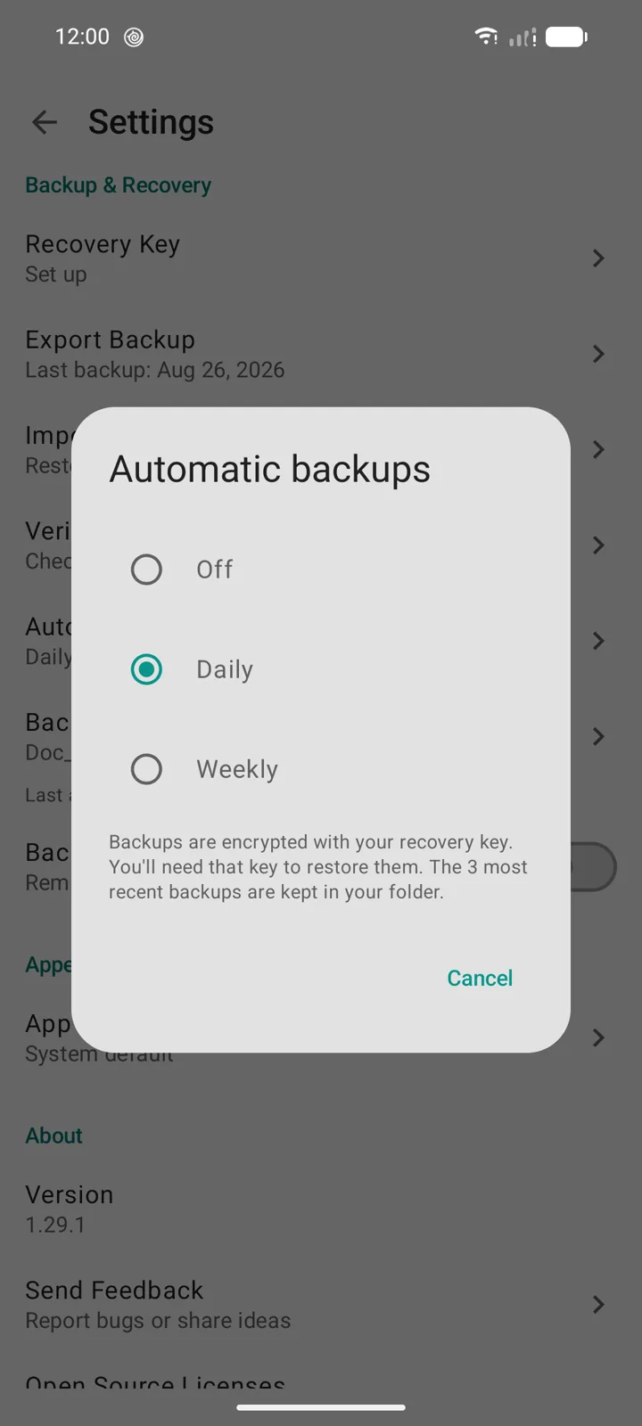 DocuScanr Automatic backups dialog with Off, Daily, and Weekly options, Daily selected, and a caption explaining that backups are encrypted with the recovery key and the three most recent are kept in the folder.