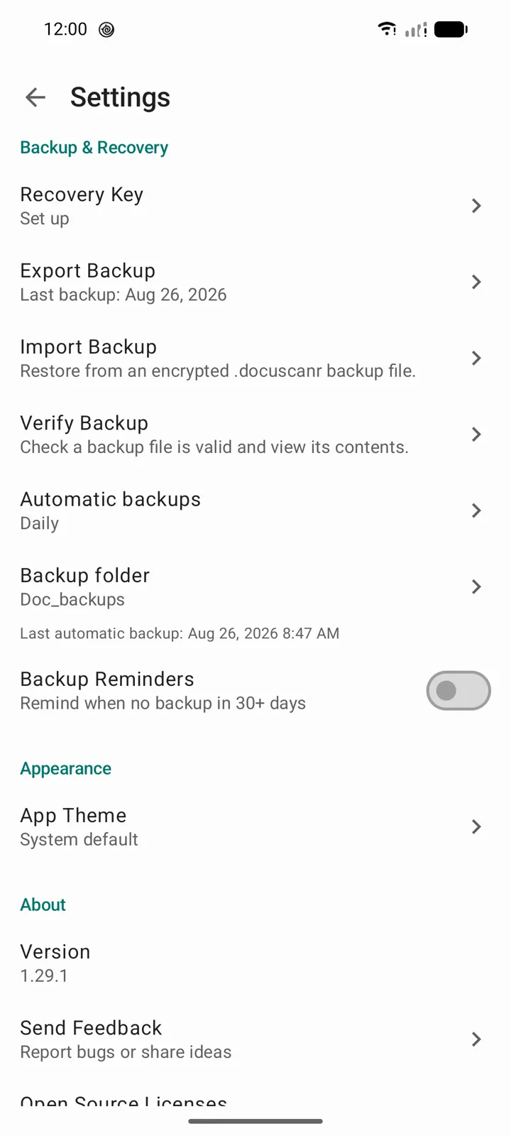 DocuScanr Settings, Backup and Recovery section: Recovery Key, Export Backup with the date of the last backup, Import Backup, Verify Backup, Automatic backups set to Daily, the chosen backup folder, and a Backup Reminders toggle.