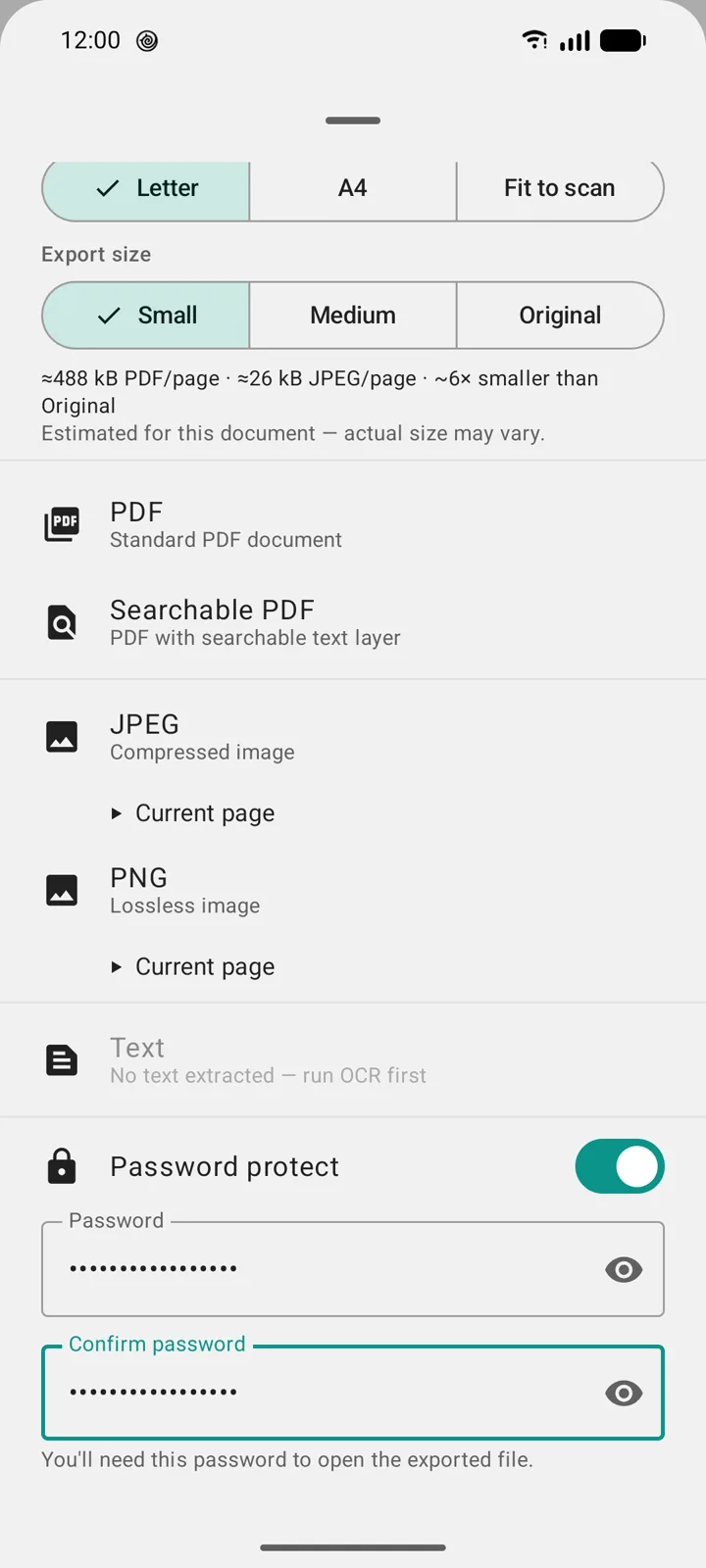 DocuScanr export sheet with Password protect switched on and the Password and Confirm password fields filled, above a note that the password is needed to open the exported file. The format list above shows PDF, Searchable PDF, JPEG, and PNG.
