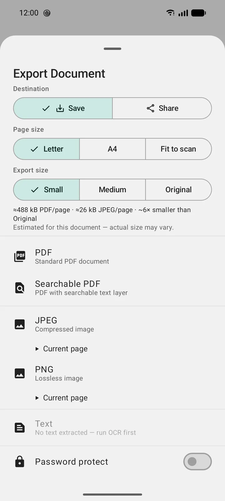 DocuScanr export sheet with Export size set to Small. The estimate line reads about 488 kB PDF per page, about 26 kB JPEG per page, about 6 times smaller than Original, estimated for this document, above the PDF, Searchable PDF, JPEG, and PNG format options.
