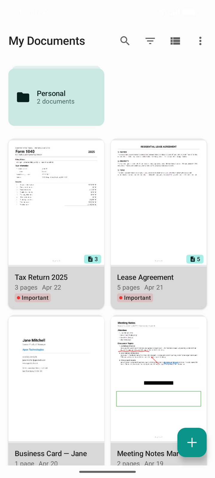 DocuScanr library screen showing a Personal folder and scanned documents: a 2025 tax return, a residential lease agreement, a business card, and meeting notes.