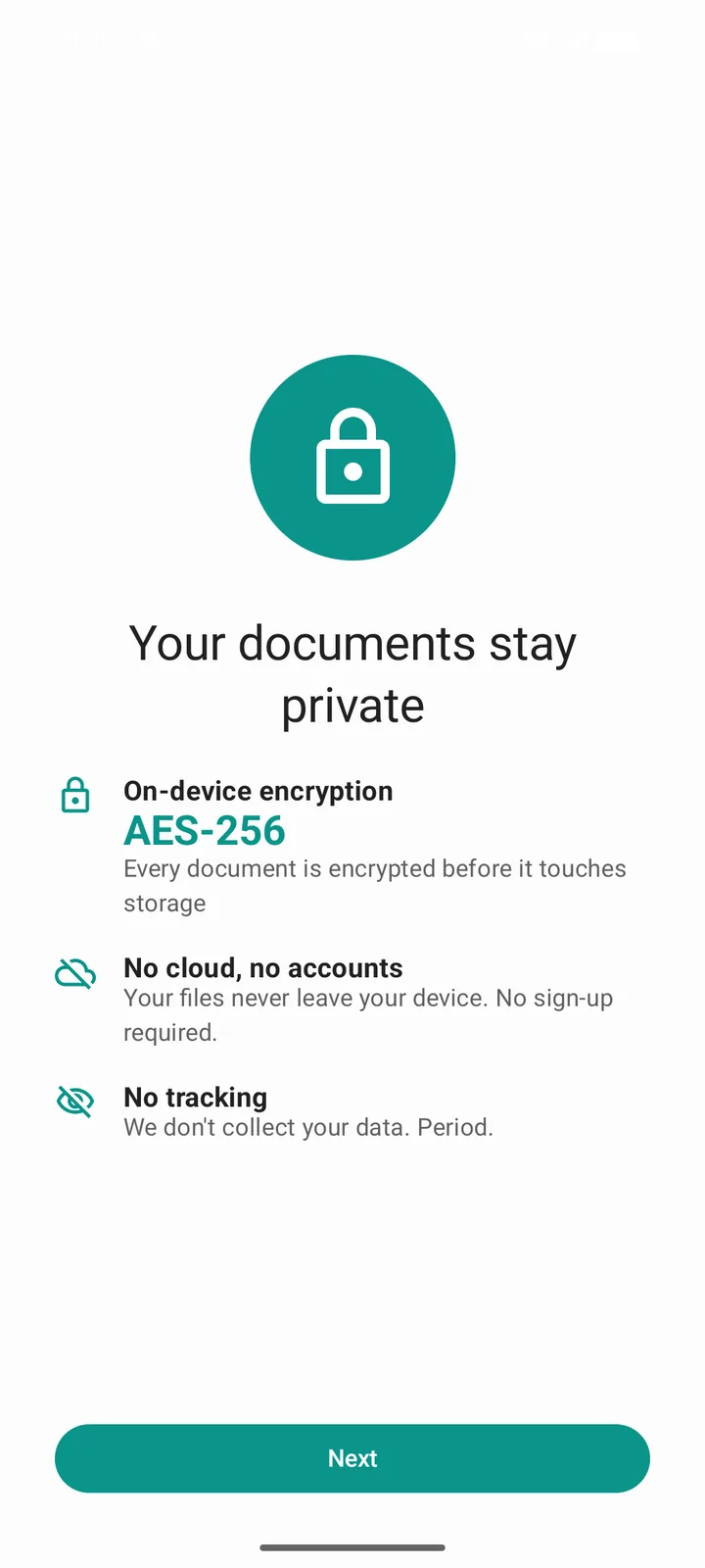 DocuScanr onboarding screen titled Your documents stay private, with three bullet points: On-device encryption AES-256, No cloud no accounts, and No tracking.