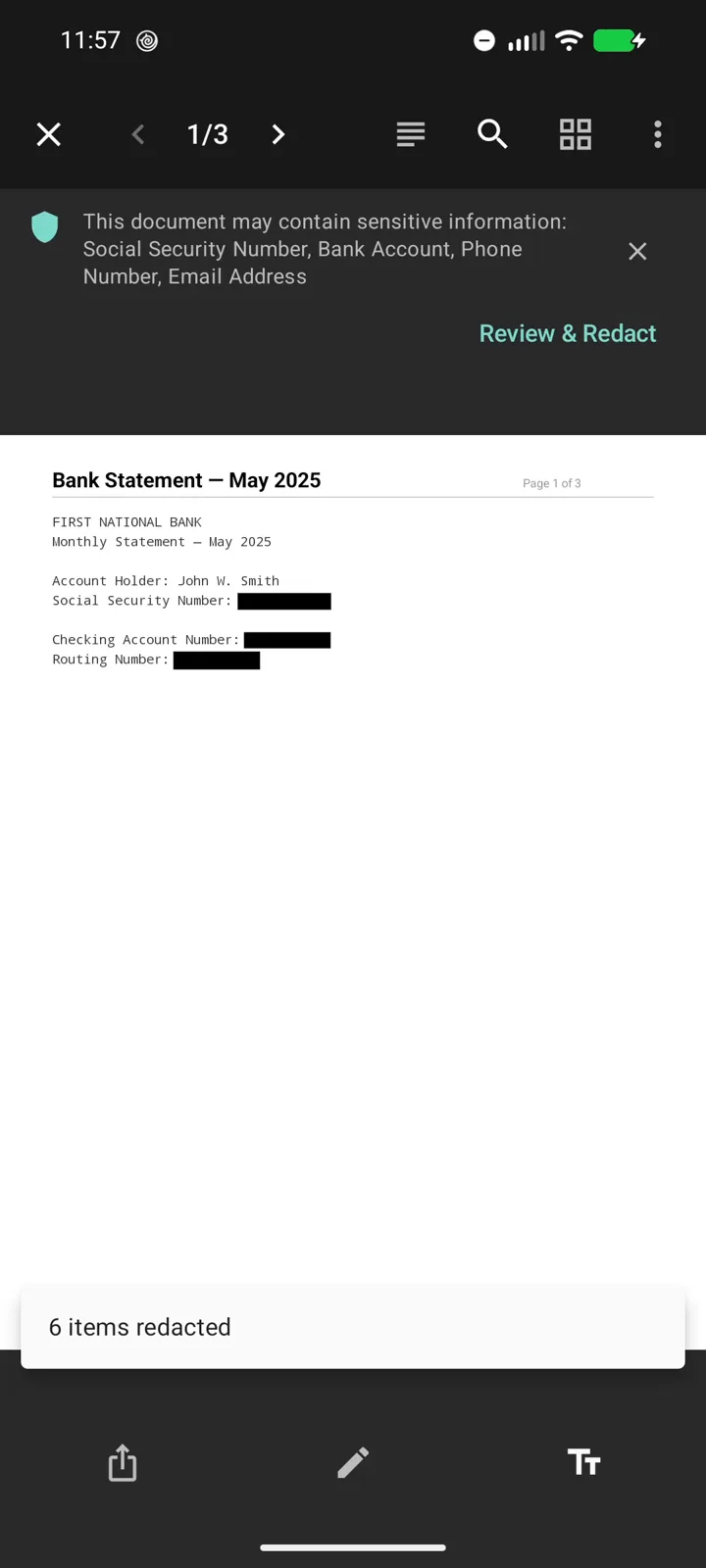 The same sample bank statement after applying redactions: solid black boxes cover the Social Security number, account number, and routing number, with a confirmation reading 6 items redacted.