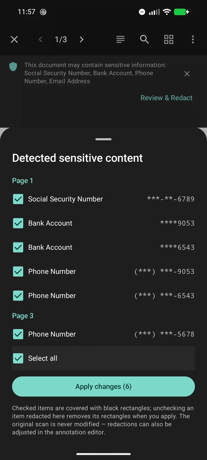 DocuScanr Review and Redact checklist over a sample bank statement, grouped by page: a detected Social Security number, two bank accounts, and three phone numbers, each shown only as a masked preview, all selected above an Apply changes button.